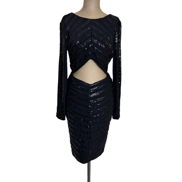 House of CB Mini Dress Black Sequin Long Sleeve Backless Cut out Front - Picture 5 of 10